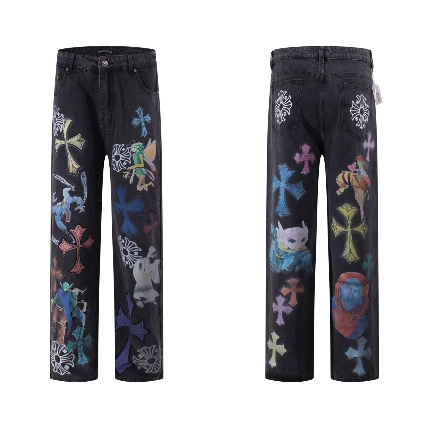 P290 Style number: H73 Crow Heart & 𝐂𝐡𝐫𝐨𝐦𝐞 𝐇𝐞𝐚𝐫𝐭 ss25 black elf print jeans. Styles with different washed textures are very friendly to people with thin legs. The slightly flared version perfectly modifies the leg shape. The timeless and moderate length makes it easy to match and match. It is the basis for various styles and is a must-have in your wardrobe! The fabric is stiff but also makes the upper body soft without losing texture. The washing process is even more perfect. It is a must-have item for everyone! ! ! Washed wheat, hang tag, pants label, three labels complete Color: black Size: 30-32-34-36